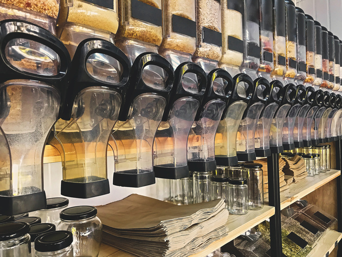 Bulk Store, Zero Waste Shopping. Refillable Food Dispensers with